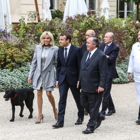 Olivier Ginon, Jean-Yves Le Drian, ministre des affaires étrangères, Gérard Collomb, ministre de l'Intérieur, Guillaume Gomez, chef du palais de l'Elysée , le chien Némo - Le président de la République Emmanuel Macron et sa femme Brigitte Macron (Trogneux) reçoivent 180 chefs étoilés à déjeuner au palais de l'Elysée à Paris, le 27 septembre 2017, pour promouvoir la cuisine française. © Hamilton/Pool/Bestimage