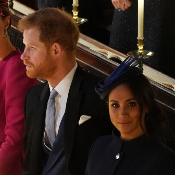 Catherine Kate Middleton, duchesse de Cambridge, le prince Harry, duc de Sussex, Meghan Markle, duchesse de Sussex - Cérémonie de mariage de la princesse Eugenie d'York et Jack Brooksbank en la chapelle Saint-George au château de Windsor le 12 octobre 2018.