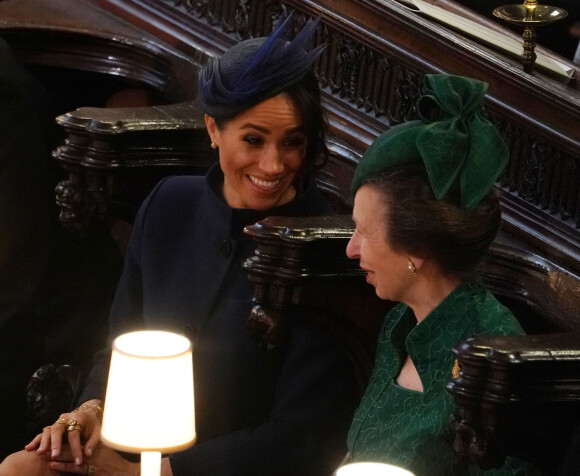 Meghan Markle, duchesse de Sussex, la princesse Anne d'Angleterre - Cérémonie de mariage de la princesse Eugenie d'York et Jack Brooksbank en la chapelle Saint-George au château de Windsor le 12 octobre 2018.