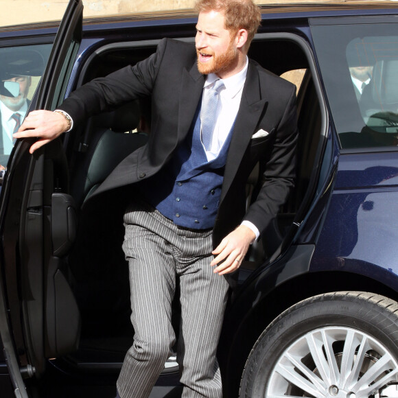 Le prince Harry, duc de Sussex - Arrivées des invités au mariage de la princesse Eugenie d'York et de Jack Brooksbnak à la chapelle Saint George de Windsor le 12 octobre 2018.