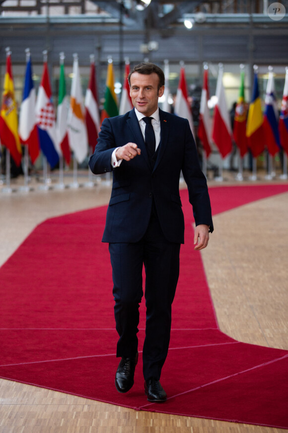 Le Président français Emmanuel Macron arrive au Sommet européen à Bruxelles. Belgique, Bruxelles, 20 février 2020 © Alain Rolland / Imagebuzz / Bestimage