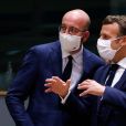 Le président du Conseil européen Charles Michel et le président français Emmanuel Macron - Sommet de l'Union Européenne à Bruxelles. Le 20 juillet 2020 © Imago / Panoramic / Bestimage 200721