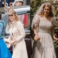 La princesse Beatrice portant sa paire d'escarpins pailletés Valentino à trois reprises : en 2011 pour le mariage du prince William et Kate Middleton, lors de son propre mariage célébré le 17 juillet 2020, et pour le mariage du prince Amedeo de Belgique en 2014.