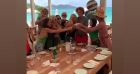 Joy Hallyday a fêté ses 12 ans avec sa maman Laeticia Hallyday, sa grande soeur Jade, son arrière grand-mère Elyette Boudou et des amis au restaurant "Nikki Beach", à Saint-Barthélemy le 27 juillet 2020.