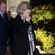 Le roi Juan Carlos et la reine Sofia d'Espagne à leur arrivée aux obsèques de l'homme d'affaires mexicain Placido Arango à Madrid. Le 17 février 2020