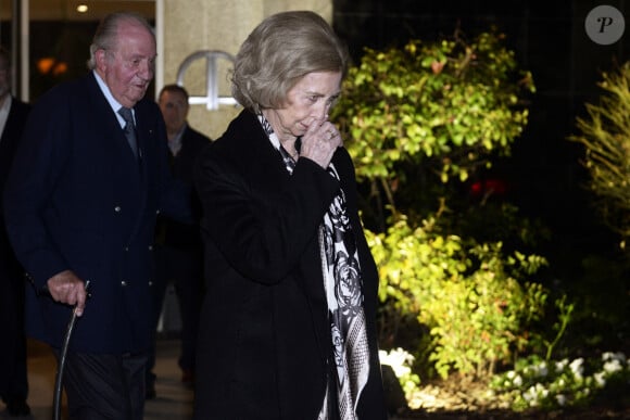 Le roi Juan Carlos et la reine Sofia d'Espagne à leur arrivée aux obsèques de l'homme d'affaires mexicain Placido Arango à Madrid. Le 17 février 2020