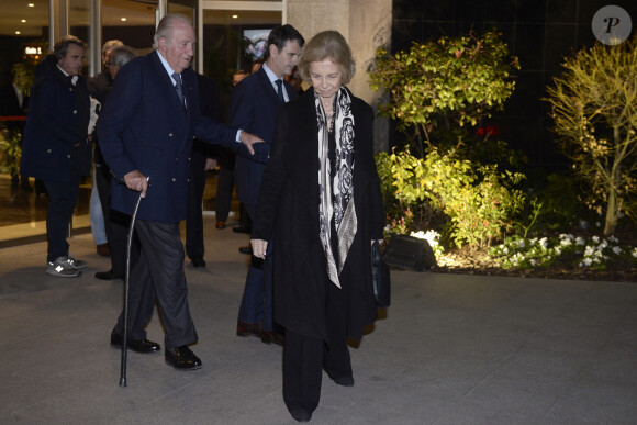 Le roi Juan Carlos et la reine Sofia d'Espagne à leur arrivée aux obsèques de l'homme d'affaires mexicain Placido Arango à Madrid. Le 17 février 2020