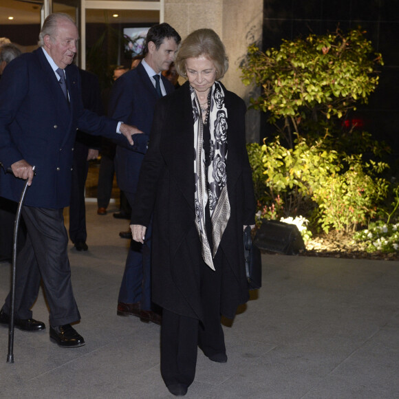 Le roi Juan Carlos et la reine Sofia d'Espagne à leur arrivée aux obsèques de l'homme d'affaires mexicain Placido Arango à Madrid. Le 17 février 2020