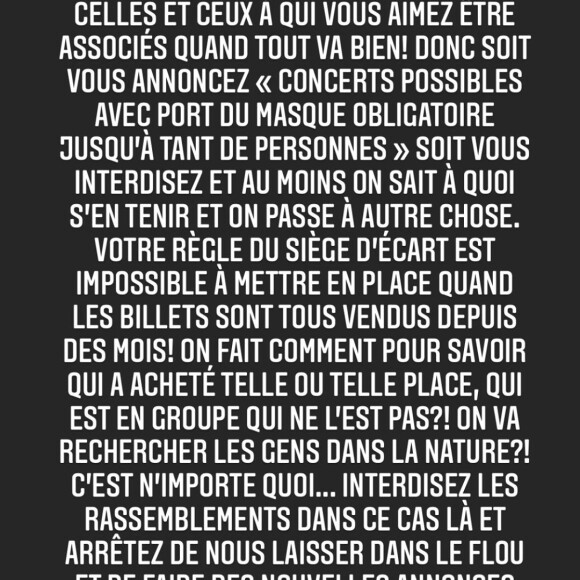 M. Pokora passe un coup de gueule envers le gouvernement et ses mesures "impossibles" au sujet des concerts, le 5 août 2020 sur Instagram.