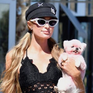 Paris Hilton se promène avec son petit chien (teint en rose) dans les rues de Malibu, été 2020. @Backgrid USA / Bestimage