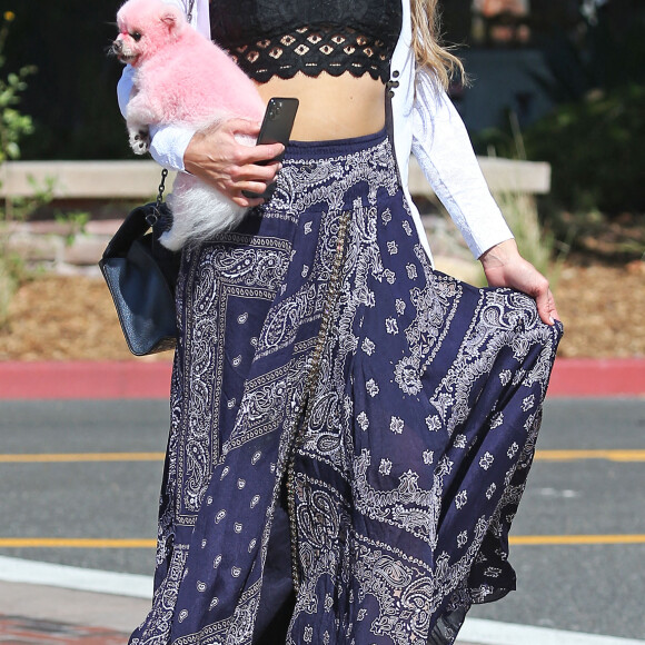 Paris Hilton dans la rue à Malibu avec son chien rose le 6 juillet 2020.