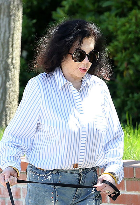 Exclusif - Jackie Stallone (la mère de Sylvester Stallone), 97 ans, promène son chien dans les rues de Los Angeles, le 23 avril 2019. Elle porte un jean, une chemise à rayures bleues et blanches avec une tâche !
