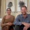 Meghan Markle et le prince Harry en visioconférence depuis leur villa de Santa Barbara, 2020.