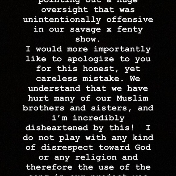 Rihanna s'excuse sur Instagram, le 6 octobre 2020.