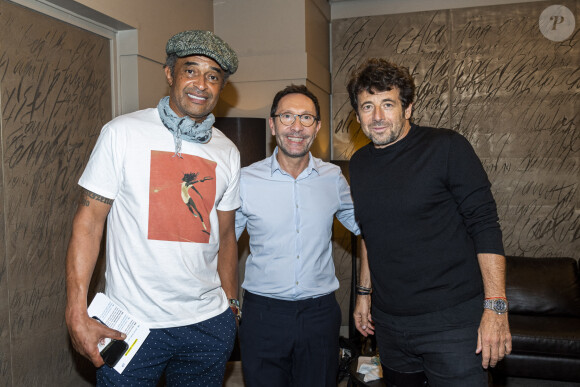 Exclusif - Yannick Noah, parrain de la 3ème édition du Psychodon, Didier Meillerand, fondateur du Psychodon et Patrick Bruel - Backstage de l'émission "Psychodon, Unis face aux maladies psychiques" à l'Olympia à Paris et diffusée sur C8, le 6 octobre 2020. Le Psychodon s'est donné pour missions d'informer, de sensibiliser et de mobiliser sur les maladies psychiques autour de trois grands axes : la recherche, l'accompagnement des personnes touchées par ces maladies et de leur proches, le développement d'actions de prévention sur les territoires. Les dons collectés à l'occasion de ces évènements permettent notamment de soutenir des projets accompagnés par le programme Maladies psychiques de la Fondation de France. Douze millions de personnes sont concernées par les maladies psychiques en France : schizophrénie, troubles bipolaires, dépressions chroniques... Mais cet enjeu de santé publique majeur demeure largement tabou. Il y subsiste également de nombreux préjugés : par exemple, 2 Français sur 5 associent les maladies mentales à la folie. © Pierre Perusseau/Bestimage