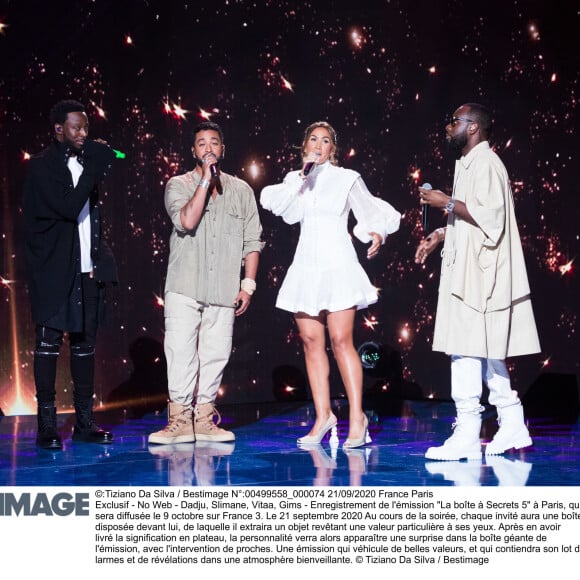 Dadju, Slimane, Vitaa et Maître Gims  - Enregistrement de l'émission "La boîte à Secrets 5" à Paris, qui sera diffusée le 9 octobre sur France 3. Le 21 septembre 2020 © Tiziano Da Silva / Bestimage