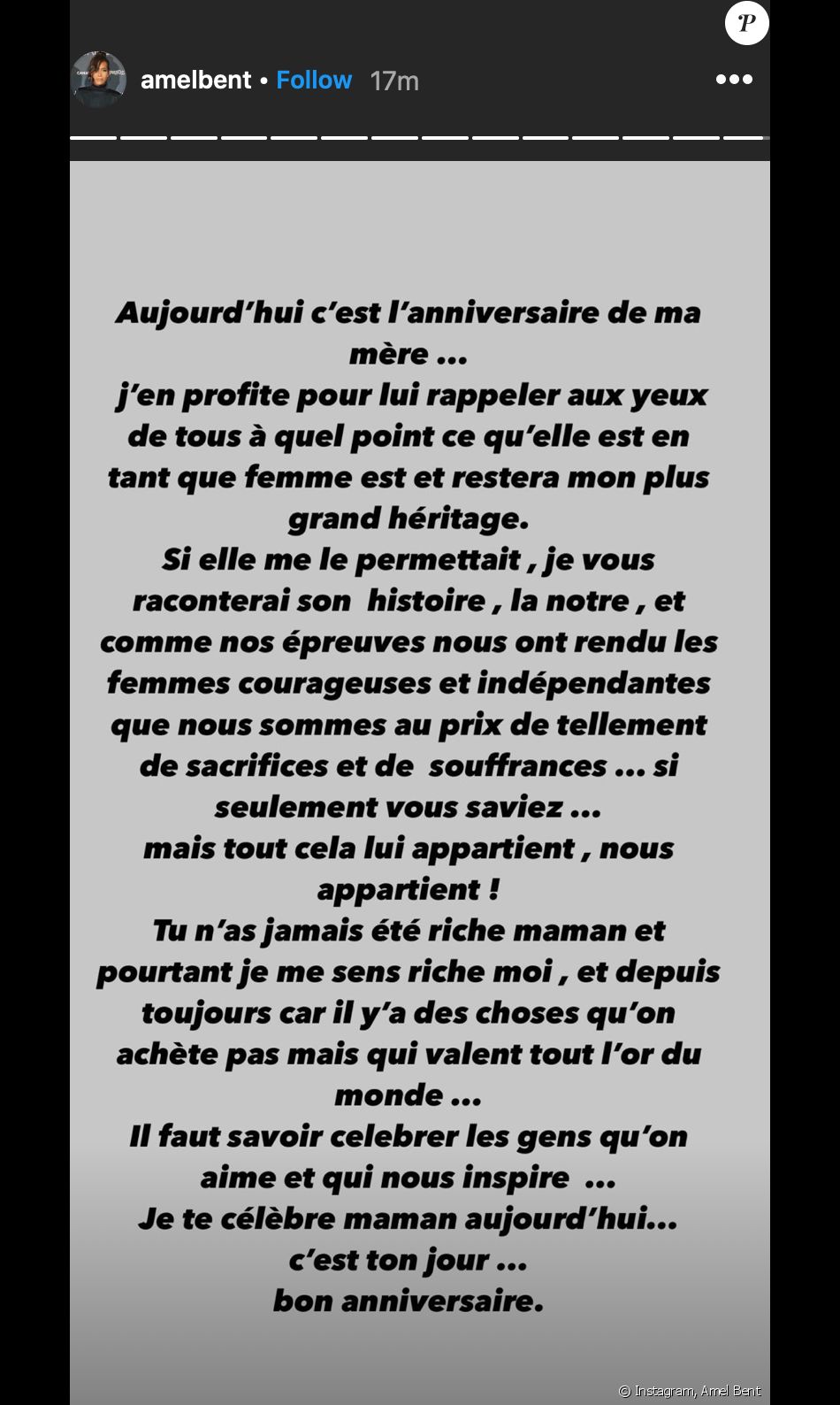 Amel Bent Souhaite Un Joyeux Anniversaire A Sa Mere Dans Sa Story Instagram Du 8 Octobre Purepeople