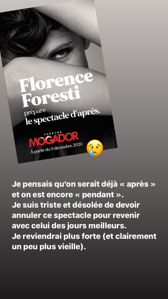 Florence Foresti annonce l'annulation de sa tournée et de son spectacle, le 9 octobre 2020.