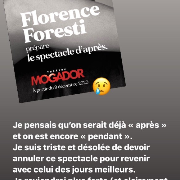 Florence Foresti annonce l'annulation de sa tournée et de son spectacle, le 9 octobre 2020.