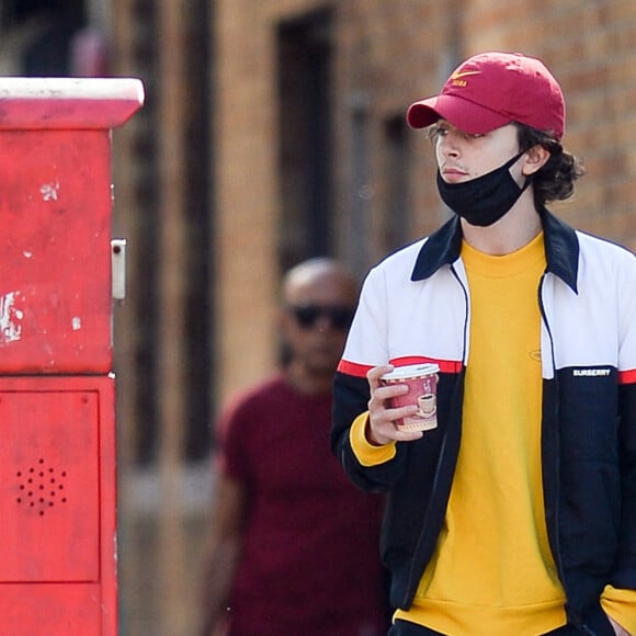 Exclusif - Timothee Chalamet se balade un café à la main dans le quartier de Manhattan à New York pendant l'épidémie de coronavirus (Covid-19), le 22 octobre 2020.