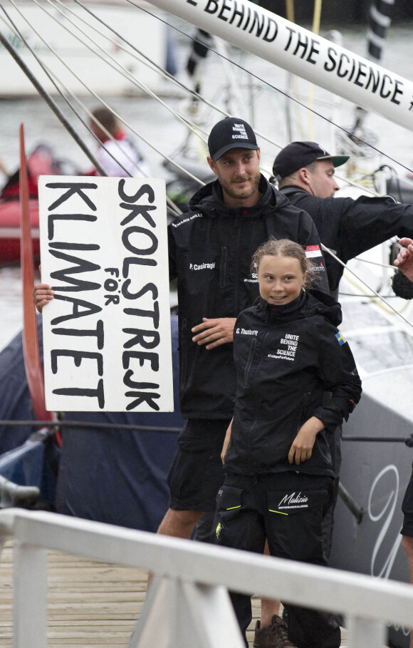 Pierre Casiraghi - Greta Thunberg arrive à New York le 28 août 2019. Greta Thunberg est partie le 14 août de Plymouth (Grande-Bretagne), avec son père, à bord d'un voilier de course zéro émission carbone, le Malizia II, skippé par P.Casiraghi, fils de la princesse Caroline de Monaco, et l'Allemand B.Herrmann.