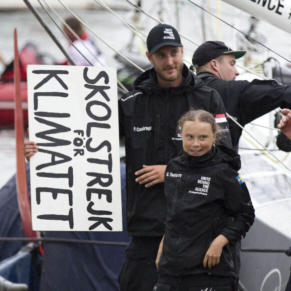 Pierre Casiraghi - Greta Thunberg arrive à New York le 28 août 2019. Greta Thunberg est partie le 14 août de Plymouth (Grande-Bretagne), avec son père, à bord d'un voilier de course zéro émission carbone, le Malizia II, skippé par P.Casiraghi, fils de la princesse Caroline de Monaco, et l'Allemand B.Herrmann.
