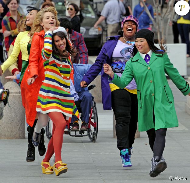 Lea Michele, Jenna Ushkowitz, Dianna Agron et Amber Riley en tournage à New York
