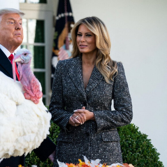 Le président des Etats-Unis Donald Trump gracie, en compagnie de la première dame Melania Trump, la dinde "Corn" lors de la traditionnelle grâce présidentielle avant la fête de Thanksgiving à la Maison-Blanche. Washington, le 24 novembre 2020.