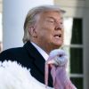 Le président des Etats-Unis Donald Trump gracie, en compagnie de la première dame Melania Trump, la dinde "Corn" lors de la traditionnelle grâce présidentielle avant la fête de Thanksgiving à la Maison-Blanche. Washington, le 24 novembre 2020.