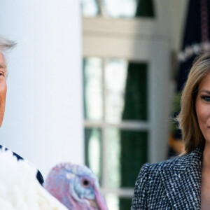 Le président des Etats-Unis Donald Trump gracie, en compagnie de la première dame Melania Trump, la dinde "Corn" lors de la traditionnelle grâce présidentielle avant la fête de Thanksgiving à la Maison-Blanche. Washington, le 24 novembre 2020.
