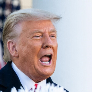 Le président des Etats-Unis Donald Trump gracie, en compagnie de la première dame Melania Trump, la dinde "Corn" lors de la traditionnelle grâce présidentielle avant la fête de Thanksgiving à la Maison-Blanche. Washington, le 24 novembre 2020.