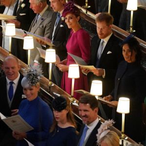 La reine Elisabeth II d'Angleterre et le prince Philip, duc d'Edimbourg, Le prince William, duc de Cambridge, et Catherine (Kate) Middleton, duchesse de Cambridge, Le prince Harry, duc de Sussex, et Meghan Markle, duchesse de Sussex, la princesse Anne, Sarah Ferguson, duchesse d'York et la princesse Beatrice d'York, Peter Phillips, Autumn Phillips, Mike Tindall, Zara Tindall, Lady Louise Mountbatten-Windsor et le prince Pavlos de Grèce - Cérémonie de mariage de la princesse Eugenie d'York et Jack Brooksbank en la chapelle Saint-George au château de Windsor, Royaume Uni le 12 octobre 2018.