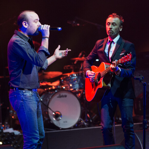 Le chanteur Ours (Charles Souchon) et son frère Pierre Souchon lors du concert du 12ème Gala 2017 de l'Association pour la Recherche sur Alzheimer à la salle Pleyel dans le 8ème arrondissement, à Paris, France le 30 janvier 2017. L'Association pour la Recherche sur Alzheimer organise son 12ème gala de charité au profit de la recherche sur alzheimer. L'artiste Pierre Souchon, à l'initiative de ce concert intitulé "2 Générations chantent pour la 3ème", convie de nombreux artistes. L'intégralité des bénéfices de cette soirée servira à financer la recherche sur la maladie d'Alzheimer. © Cyril Moreau/Bestimage 