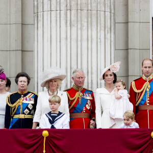 Mike Tindall, Zara Phillips, la princesse Anne, Camilla Parker Bowles, duchesse de Cornouailles, le prince Charles, Kate Catherine Middleton, duchesse de Cambridge, la princesse Charlotte, le prince George, le prince William, la reine Elisabeth II d'Angleterre et le prince Philip, duc d'Edimbourg - La famille royale d'Angleterre au balcon du palais de Buckingham lors de la parade "Trooping The Colour" à l'occasion du 90ème anniversaire de la reine. Le 11 juin 2016 