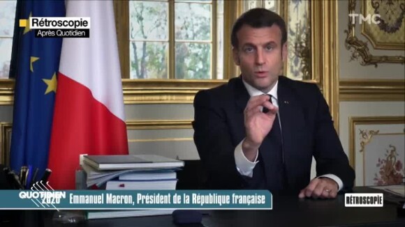 Jean-Paul Rouve présente son nouveau programme "Rétroscopie" dans l'émission "Quotidien", le 16 décembre 2020 sur TMC. Le président de la République Emmanuel Macron fait une apparition.