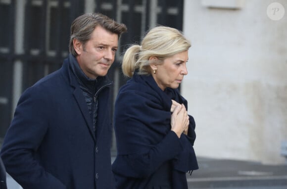 François Baroin et sa compagne Michèle Laroque - Arrivées en l'église Saint-Sulpice pour les obsèques de l'ancien président de la République Jacques Chirac à Paris. Un service solennel sera présidé par le président de la République. Le 30 septembre 2019 © Dominique Jacovides / Bestimage 