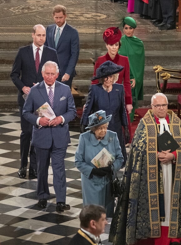 La reine Elizabeth II d'Angeleterre, le prince Charles et Camilla Parker-Bowles duchesse de Cornouailles, le prince William, duc de Cambridge, et Kate Catherine Middleton, duchesse de Cambridge, le prince Harry, duc de Sussex, Meghan Markle, duchesse de Sussex - La famille royale d'Angleterre lors de la cérémonie du Commonwealth en l'abbaye de Westminster à Londres. Le 9 mars 2020