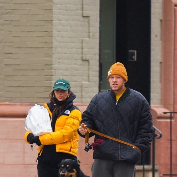 Exclusif - Emily Ratajkowski, enceinte, et son mari Sebastian Beard McClard sortent se promener avec leur chien Colombo à Manhattan, New York le 27 janvier 2021.