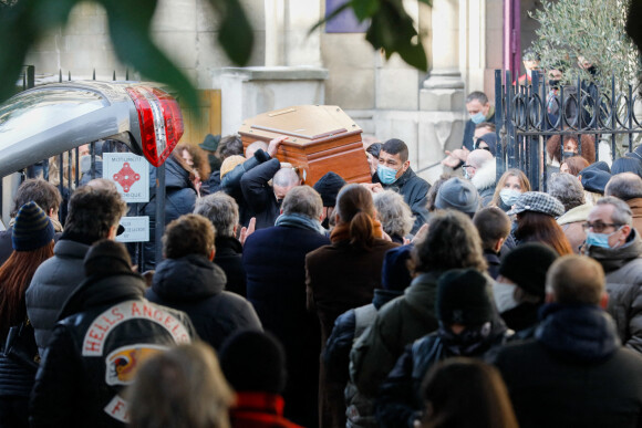 Obsèques du photographe Richard Aujard en l'église Notre Dame de La Croix, place de Ménilmontant, à Paris le 12 février 2021.