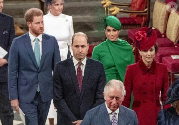 Le prince Charles le prince William, duc de Cambridge, et Kate Catherine Middleton, duchesse de Cambridge, le prince Harry, duc de Sussex, Meghan Markle, duchesse de Sussex - La famille royale d'Angleterre lors de la cérémonie du Commonwealth en l'abbaye de Westminster à Londres. Le 9 mars 2020.