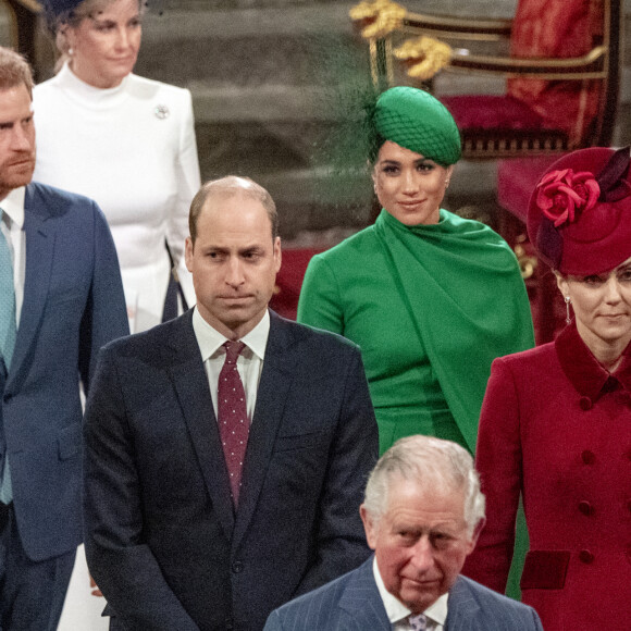 Le prince Charles le prince William, duc de Cambridge, et Kate Catherine Middleton, duchesse de Cambridge, le prince Harry, duc de Sussex, Meghan Markle, duchesse de Sussex - La famille royale d'Angleterre lors de la cérémonie du Commonwealth en l'abbaye de Westminster à Londres. Le 9 mars 2020.