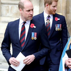 Le prince William, duc de Cambridge, et le prince Harry à la sortie de l'abbaye de Westminster pour le service commémoratif de L'ANZAC Day à Londres. Le 25 avril 2018 