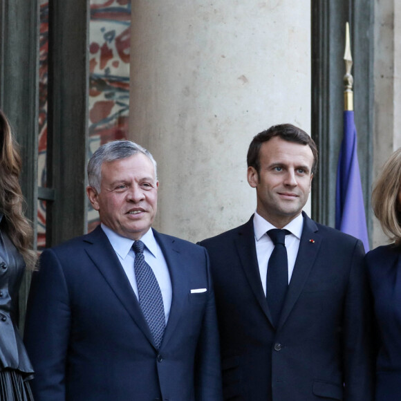 La reine Rania, le roi Abdallah II de Jordanie, le président Emmanuel Macron, la première dame Brigitte Macron - Le président de la République française et sa femme accueillent le roi et la reine de Jordanie au palais de l'Elysée à Paris le 29 mars 2019. © Stéphane Lemouton / Bestimage