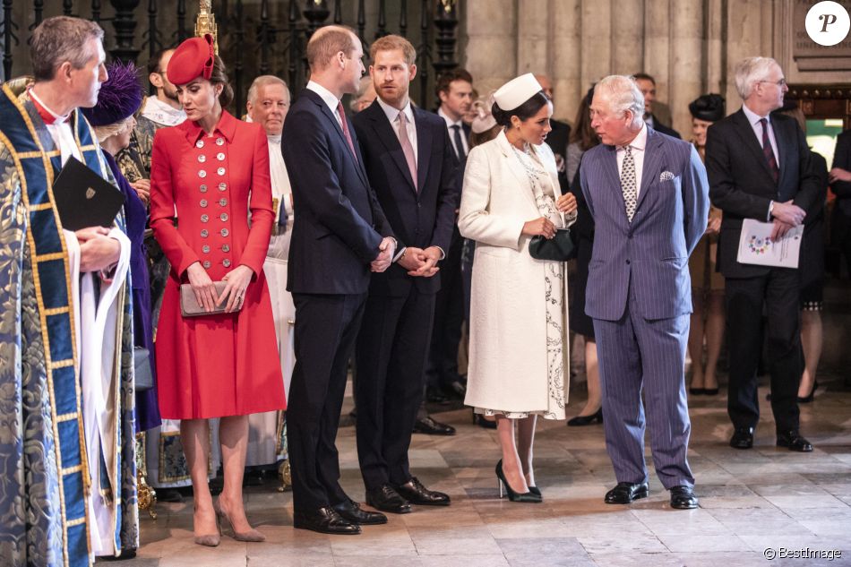 Catherine Kate Middleton, duchesse de Cambridge, le prince William, duc de Cambridge, le prince Harry, duc de Sussex, Meghan Markle, enceinte, duchesse de Sussex, le prince Charles, prince de Galles lors de la messe en l'honneur de la journée du Commonwealth à l'abbaye de Westminster à Londres le 11 mars 2019.