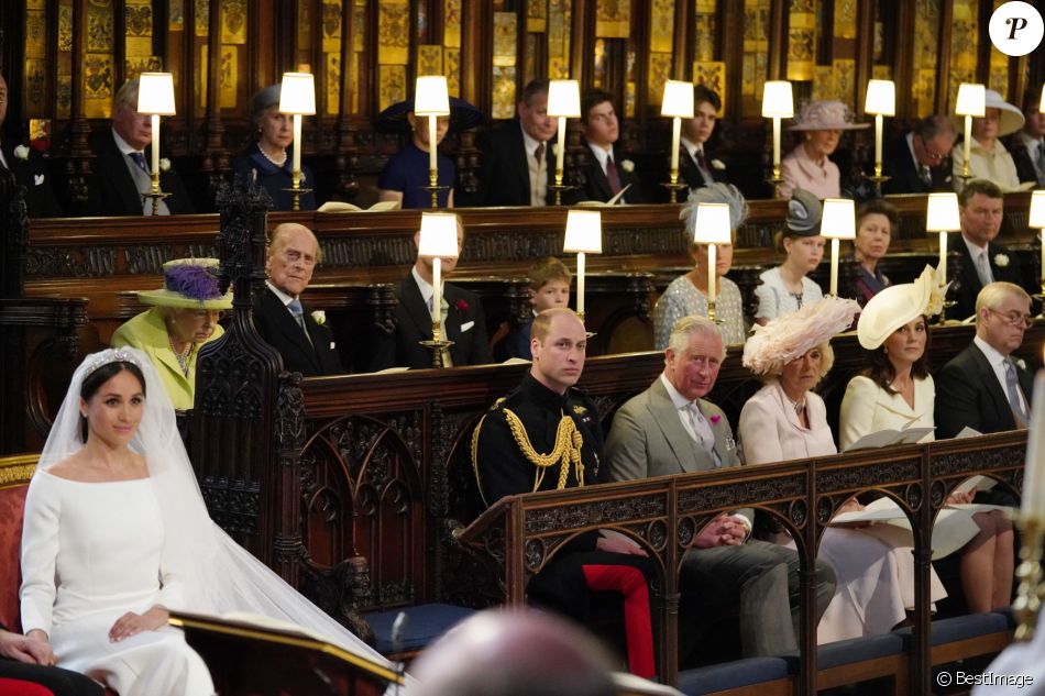 Meghan Markle, duchesse de Sussex, Le prince William, duc de Cambridge, Le prince Charles, prince de Galles, Camilla Parker Bowles, duchesse de Cornouailles, Catherine (Kate) Middleton, duchesse de Cambridge, Le prince Andrew, duc d'York - Cérémonie de mariage du prince Harry et de Meghan Markle en la chapelle Saint-George au château de Windsor, Royaume Uni, le 19 mai 2018.