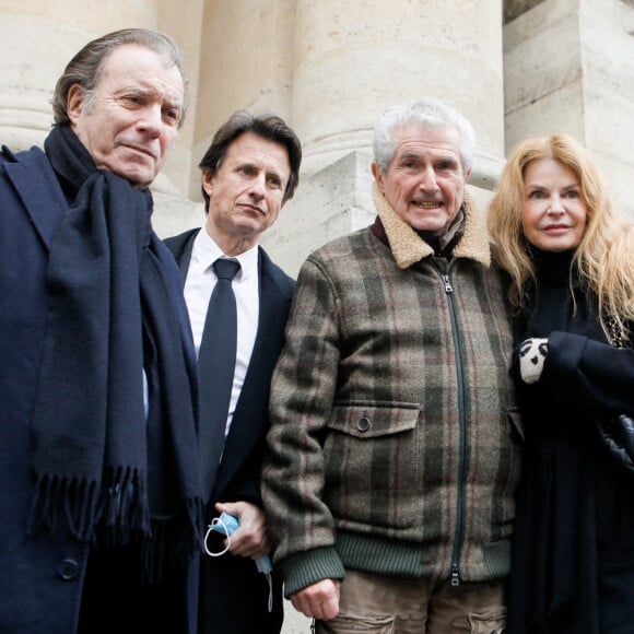 Daniel Russo, Vincent Perrot, Claude Lelouch, Cyrielle Clair - Sorties de la messe hommage à Rémy Julienne en l'église Saint-Roch à Paris le 5 mars 2021.