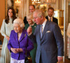 La reine Elizabeth II et son fils le prince Charles, avec Kate Middleton, le prince William, le prince Harry et Meghan Markle (enceinte) - La famille royale d'Angleterre lors de la réception pour les 50 ans de l'investiture du prince de Galles au palais Buckingham à Londres.