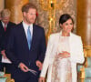 Le prince Harry, duc de Sussex, et Meghan Markle (enceinte), duchesse de Sussex - La famille royale d'Angleterre lors de la réception pour les 50 ans de l'investiture du prince de Galles au palais Buckingham à Londres.