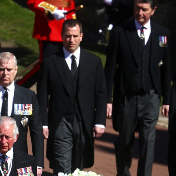 Le prince Charles, prince de Galles, le prince Andrew, duc d'York, le prince William, duc de Cambridge, Peter Phillips, la princesse Anne, le prince Edward, comte de Wessex, le prince Harry, duc de Sussex - Arrivées aux funérailles du prince Philip, duc d'Edimbourg à la chapelle Saint-Georges du château de Windsor, le 17 avril 2021.