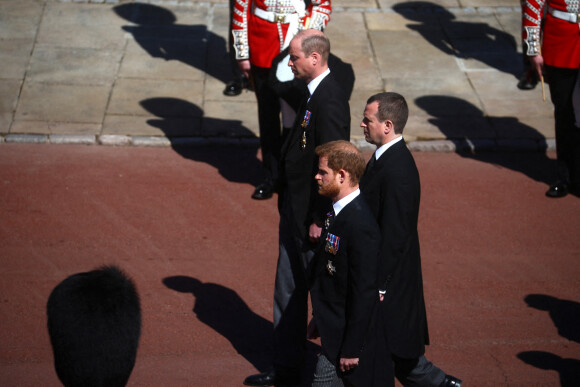 Le prince William, duc de Cambridge, Peter Phillips, le prince Harry, duc de Sussex - Arrivées aux funérailles du prince Philip, duc d'Edimbourg à la chapelle Saint-Georges du château de Windsor, le 17 avril 2021.
